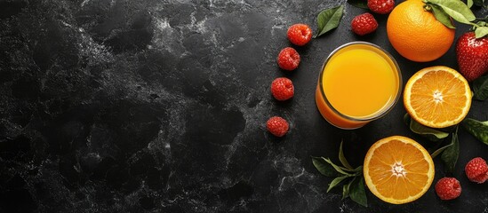 Fototapete - Tasty orange juice and fresh fruits on a black table top view Room for text. with copy space image. Place for adding text or design