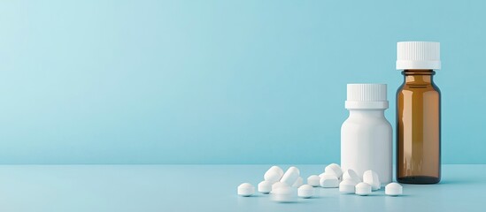 Poster - White pill bottles and glass bottles for essential oils on a blue background Mockup for medical pharmacy and healthcare concepts Copy space