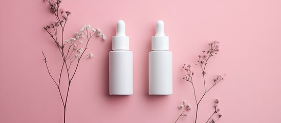 Poster - Beauty care cosmetics Mock up featuring two bottles in white and pink on a paper background with copyspace Spa concept Flat lay style Top view Pastel colors