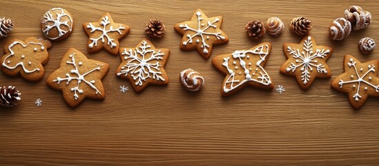 Aufkleber - Arrangement of delicious gingerbread cookies and Christmas decorations on a wooden surface. with copy space image. Place for adding text or design