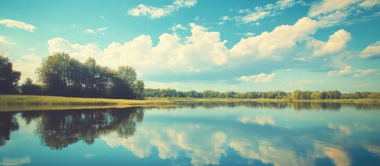 Poster - Lakeside scenery with clouds cross processed image. with copy space image. Place for adding text or design