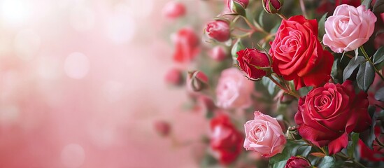 Poster - Red and pink roses with a backdrop of flower buds. with copy space image. Place for adding text or design