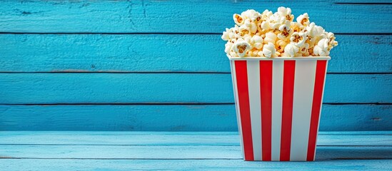 Aufkleber - Red striped popcorn bucket on a blue textured wooden background with copy space
