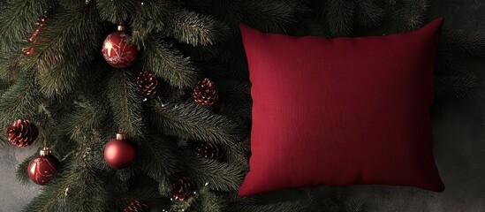 Aufkleber - Christmas cushion tree top view flat lay. with copy space image. Place for adding text or design