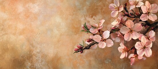 Aufkleber - Pink almond tree blossoms framed against an earth toned brown background with copyspace