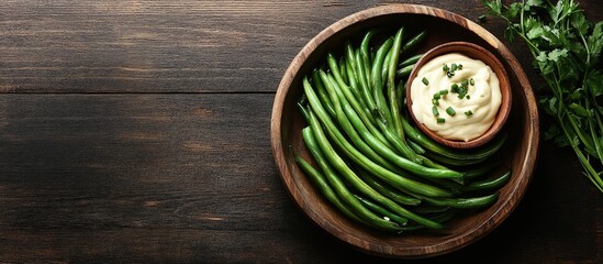 Aufkleber - Green beans with mayonnaise on a wooden plate featuring copy space