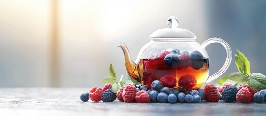 Poster - Tea in a glass teapot Herbal tea featuring berries. with copy space image. Place for adding text or design