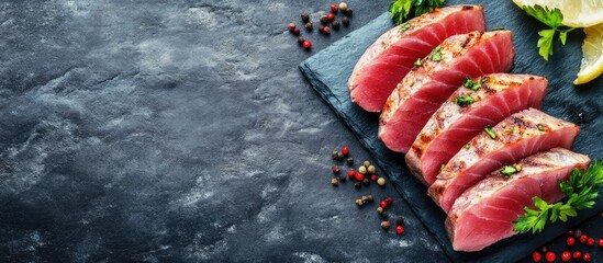 Poster - Red tableware featuring roasted sliced tuna steak on a blue stone background viewed from above horizontal shot with copyspace