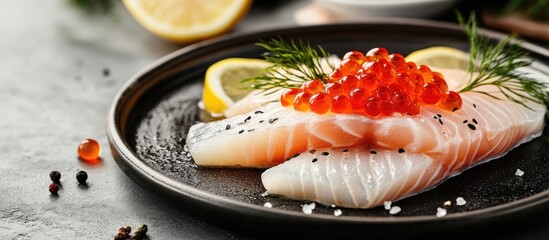 Aufkleber - Fillet combination of red and white fish sliced with oil red caviar and lemon served in a restaurant Horizontal image. with copy space image. Place for adding text or design