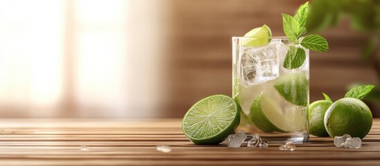 Fototapete - Mojito cocktail or soda beverage featuring lime and mint set against a wooden background High quality image. with copy space image. Place for adding text or design