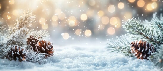 Aufkleber - Frosty winter Christmas still life adorned with snow and bright sparkling bokeh. with copy space image. Place for adding text or design