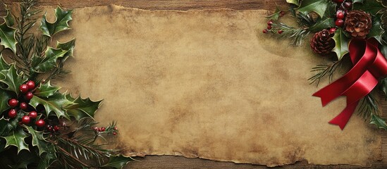 Poster - Christmas background border featuring a merry Christmas ribbon holly and winter greenery on parchment paper placed over aged oak wood. with copy space image. Place for adding text or design