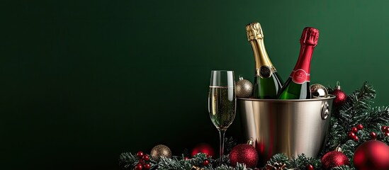 Aufkleber - Ice bucket with a bottle champagne glasses and Christmas decorations on a green background. with copy space image. Place for adding text or design