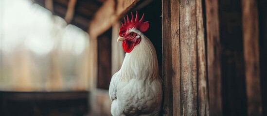 Poster - White rooster in a chicken coop looking to the left with a copy space area Organic poultry in a home farm in the village