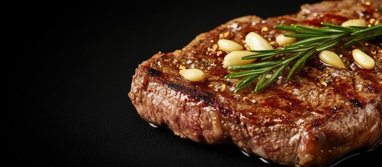 Leinwandbilder - Beef steak topped with garlic and spices accompanied by black copy space