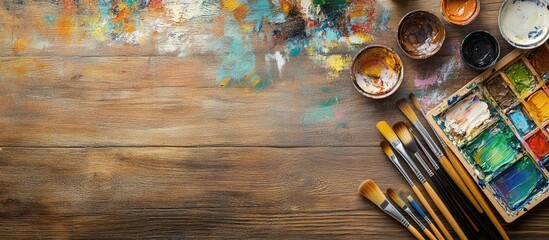 Poster - Overhead view of an artist s workstation set up for a DIY art project featuring brushes paints and supplies on a wooden table. with copy space image. Place for adding text or design