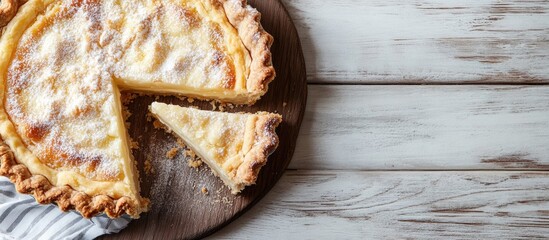 Aufkleber - A slice of homemade sugar cream pie alongside the whole pie on a white and wooden background with copy space