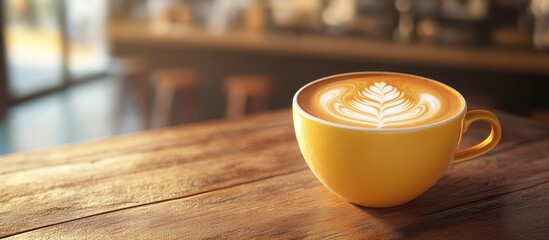 Aufkleber - Cup of coffee with latte art in a vintage colored coffee shop. with copy space image. Place for adding text or design