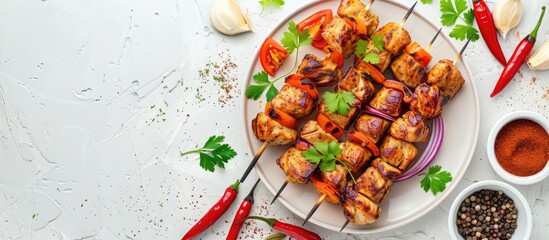 Aufkleber - Chicken shish kebab or skewers kebab on a ceramic plate with spices cilantro herbs and vegetables on a white table background Barbecue raw ingredients for goulash or shish kebab Top view Free copy 