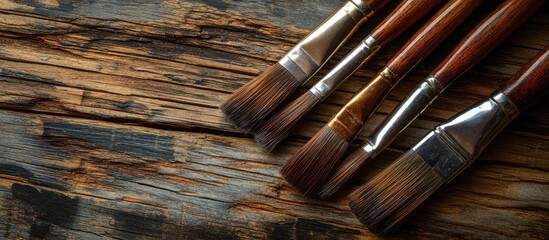 Poster - Brown paintbrushes on a wooden table Top view Copy space