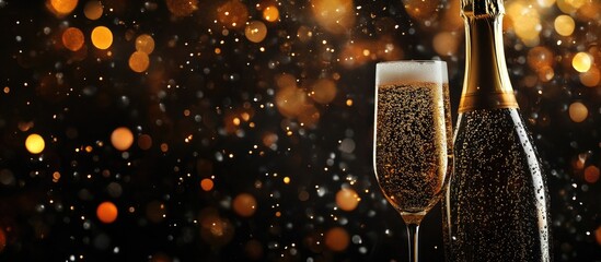 Poster - Champagne for Christmas set against a dark backdrop with surprise and festive golden bokeh. with copy space image. Place for adding text or design