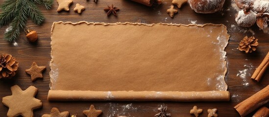 Poster - Piece of dough rolled out for making Christmas gingerbreads top view. with copy space image. Place for adding text or design