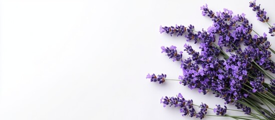 Poster - Top view of a bouquet of purple lavender blossoms on a white background Bouquet of lavandula blooms. with copy space image. Place for adding text or design