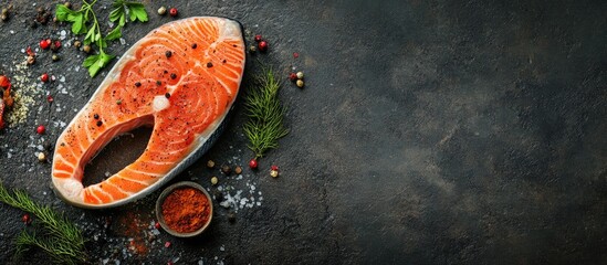 Poster - Fresh raw salmon fish steak seasoned with spices on a dark stone background Artistic arrangement of the fish from a top view flat lay mockup overhead perspective Healthy food concept