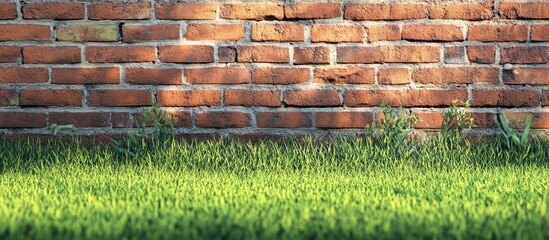 Poster - Lush green grass and a red brick structure. with copy space image. Place for adding text or design