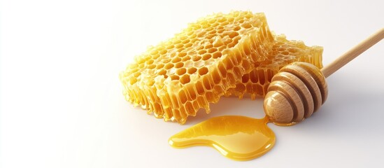 Poster - honeycomb filled with sweet honey and a wooden honey dipper isolated on white. with copy space image. Place for adding text or design