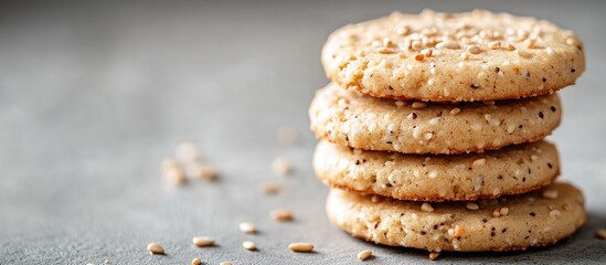 Leinwandbilder - Sesame cookies stacked on a light gray background with copy space Horizontal