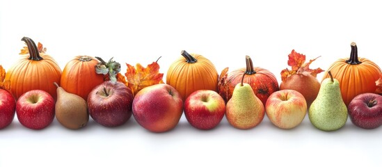 Fototapete - Autumn arrangement of vegetables and fruits including Pumpkin Apples and Pears against a white background Seasonal backdrop for autumn. with copy space image. Place for adding text or design