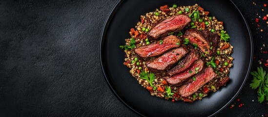 Poster - Spelt with jerky venison beef on a black plate. with copy space image. Place for adding text or design
