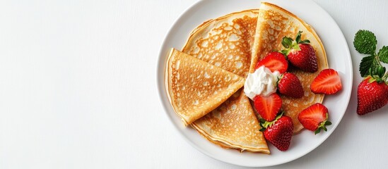 Poster - Crepes accompanied by cream cheese and fresh strawberries on a white plate against a white background Copy space