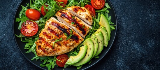 Poster - Grilled chicken fillet served with fresh tomatoes and avocado salad A healthy option suitable for a ketogenic diet perfect for lunch Keto Paleo diet menu Top view banner. with copy space image