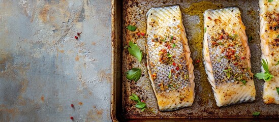 Aufkleber - Cooked fish fillets seasoned with spices herbs and garlic on a baking tray Food recipe idea. with copy space image. Place for adding text or design