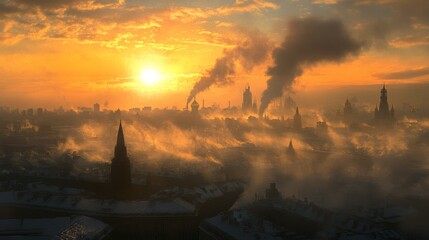 City skyline is covered in smoke and fog