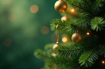Wall Mural - green defocused background and a christmas tree infront with golden balls. copy space on the left si