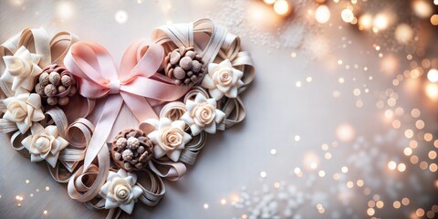 Heart-shaped decorative arrangement with flowers, ribbons, and pine cones, enhanced by soft bokeh light