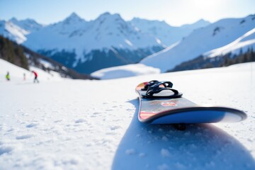 Snowy mountain adventure with snowboard in winter sports setting.