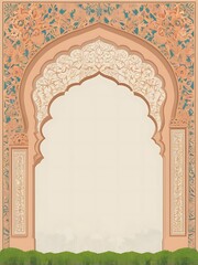 traditional design for a wedding invitation frame with an arch in the garden