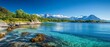 © Wall - A scene featuring a distant mountain overlooking a body of water Trees line the other shore, and rocks populate the foreground