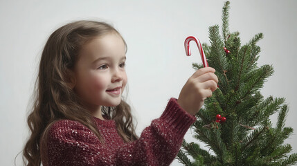 Wall Mural - Festive holiday spirit with young girl decorating christmas tree