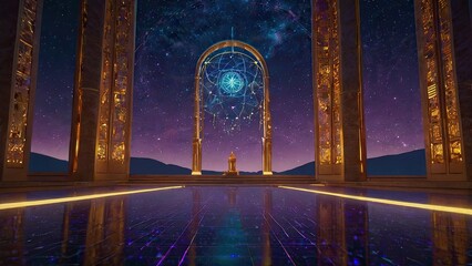 Celestial Gateway: A mystical digital art depicting a serene figure standing before a luminous archway adorned with celestial patterns, set within a grand, golden temple under a starlit sky.