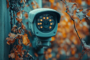 Close-up CCTV camera of a house in leaves. Security, safety, home