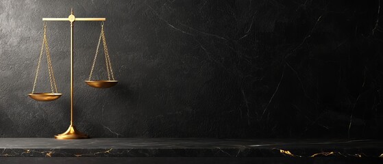  A golden balance scale sits atop a marble countertop, framed by a black wall Two identical gold bars weigh evenly on each side