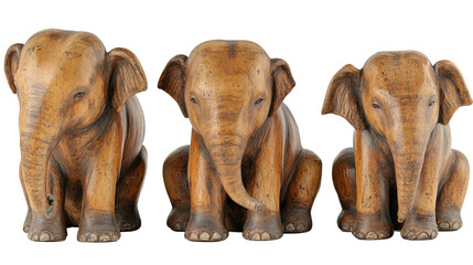Poster - Wooden Elephant Sculptures in Various Poses on Clear Background Generative AI