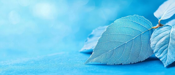 Wall Mural -  A blue leaf, focused closely, against a solid blue background Barely discernible, a blurred backdrop of the leaf's reverse