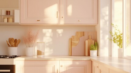 Sunlit modern kitchen with pink cabinets, cutting boards, and plants