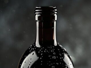 bottle of wine with a brown cap and a clear neck. the bottle is sitting on a table and the cap is op